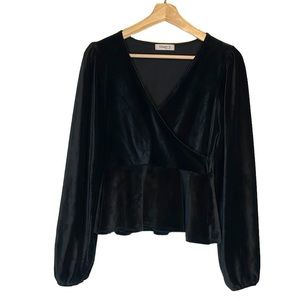 Ginger G blouse top velvet ribbed peplum balloon sleeve v-Neck black small